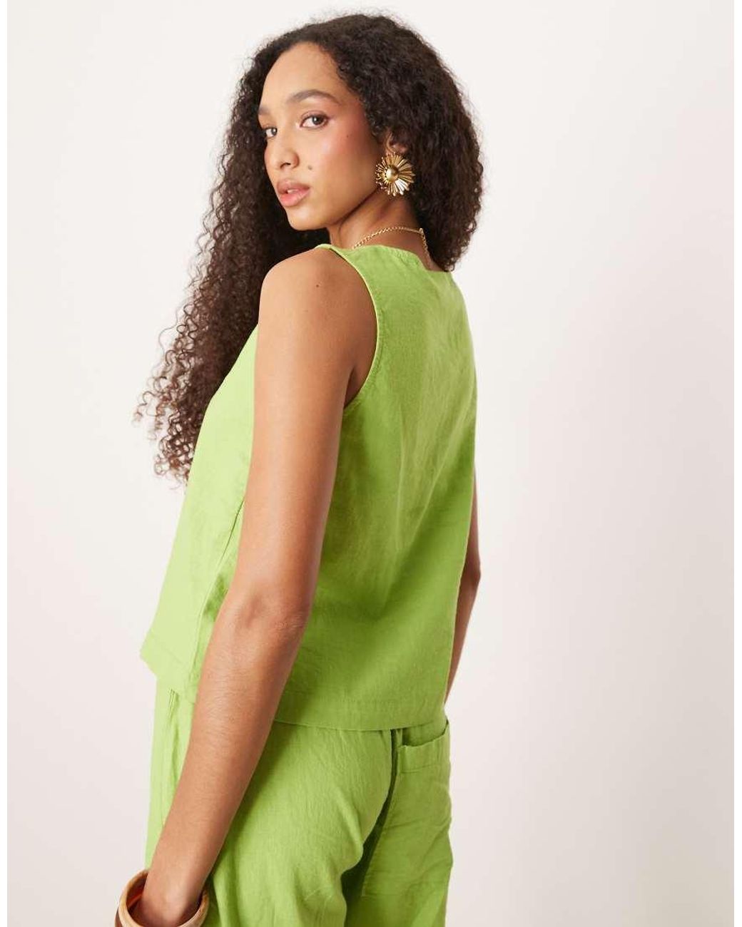 JJXX Green Co-Ord Square Neck Linen Blend Top