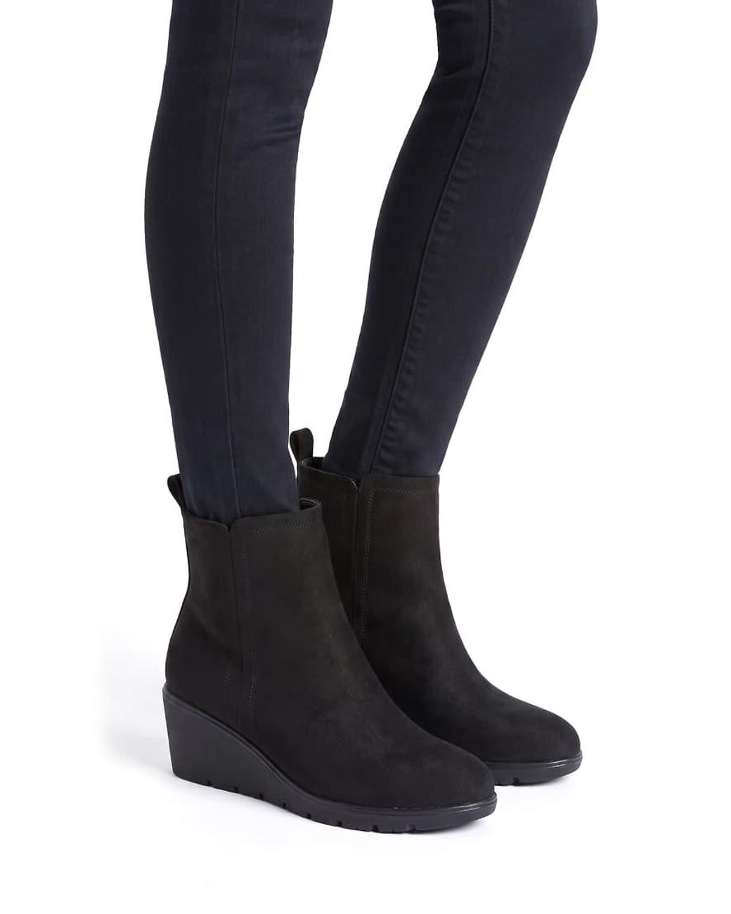 SEQWL Black Wedge Heel Ankle Booties With Cleated Sole And Pull Tab