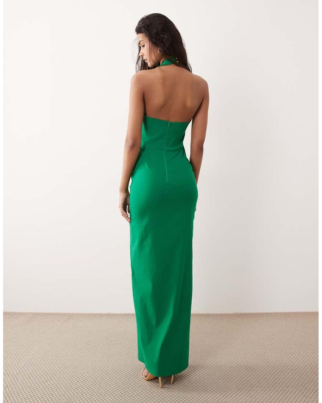 Vesper Green Bengaline V Neck Halterneck Thigh Split Maxi Dress