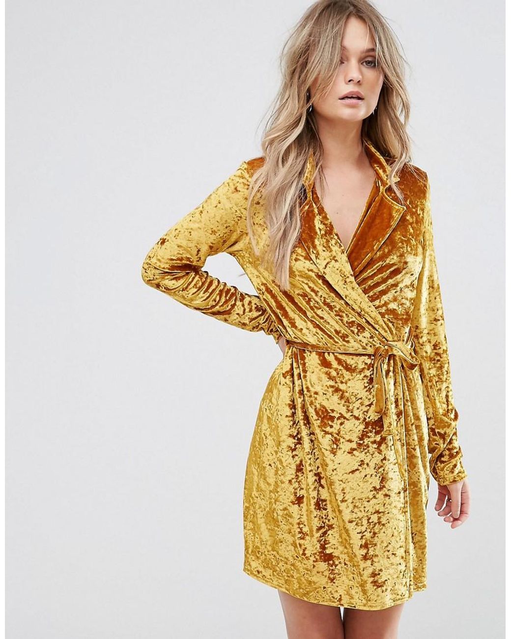 Club L London Crushed Gold Velvet Wrap Dress in Metallic | Lyst