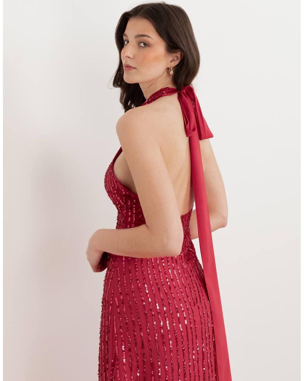 Maya Pink Linear Embellishment Halter Neck Maxi Dress