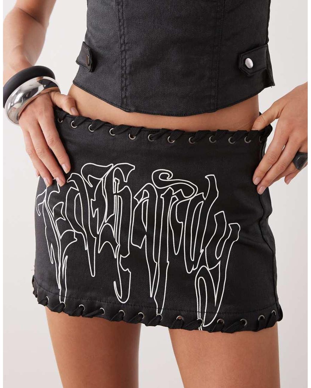 Ed Hardy Black Gothic Drip Braided Denim Mini Skirt