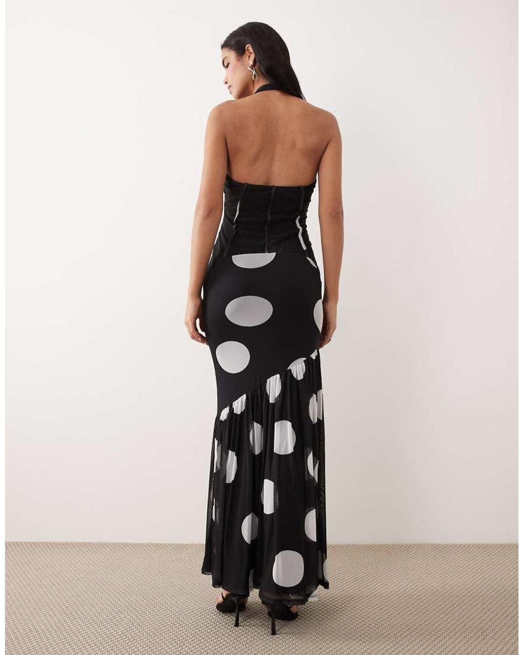 ASOS Black Polka Dot Cinched Waist Corset Detail Maxi Dress With Fishtail Hem