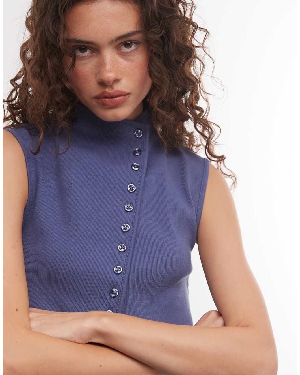 Weekday Blue Asymmetric Button Down Mock Neck Top