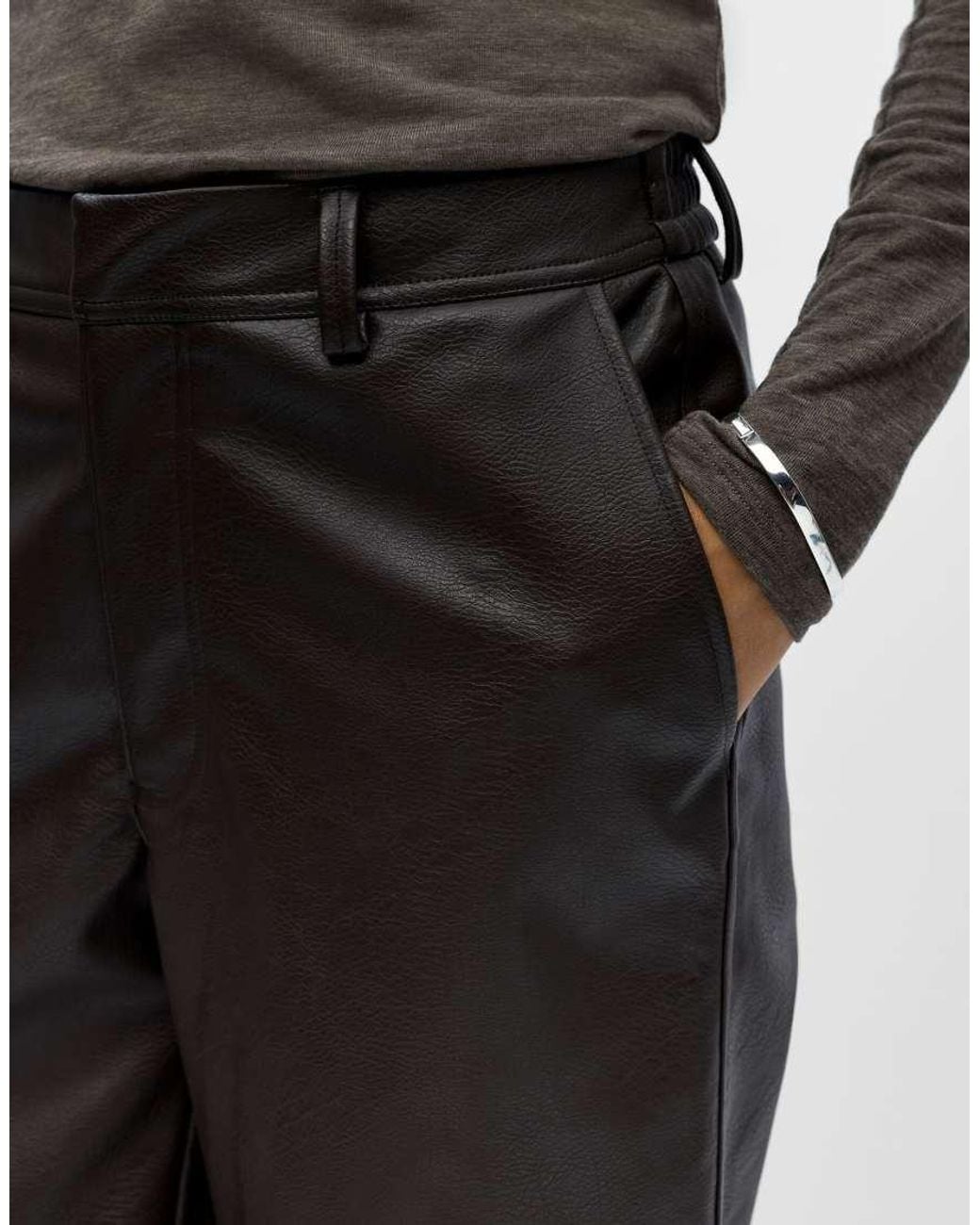 Object Black Liva Faux Leather Mid Waist Wide Leg Trousers