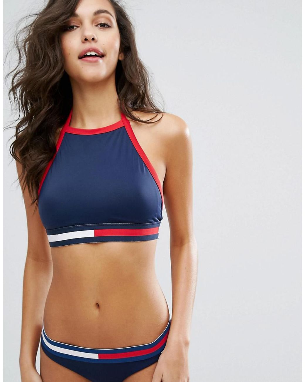Tommy Hilfiger Synthetic High Neck Bikini Crop Top in Navy (Blue) | Lyst UK