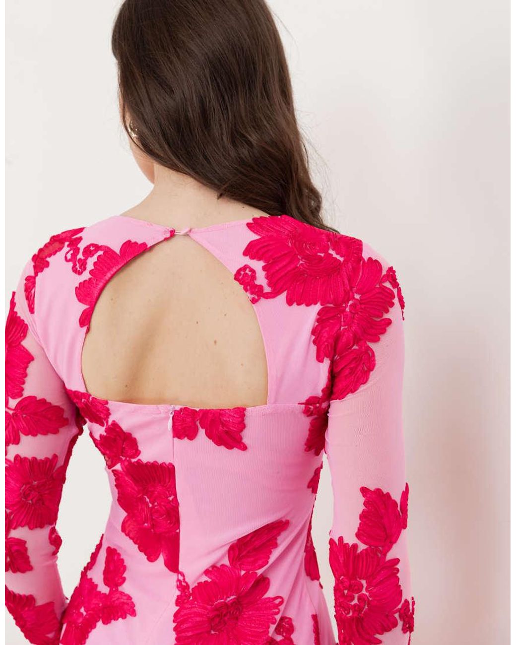 Maya Pink Floral Applique Long Sleeve Mesh Maxi Dress
