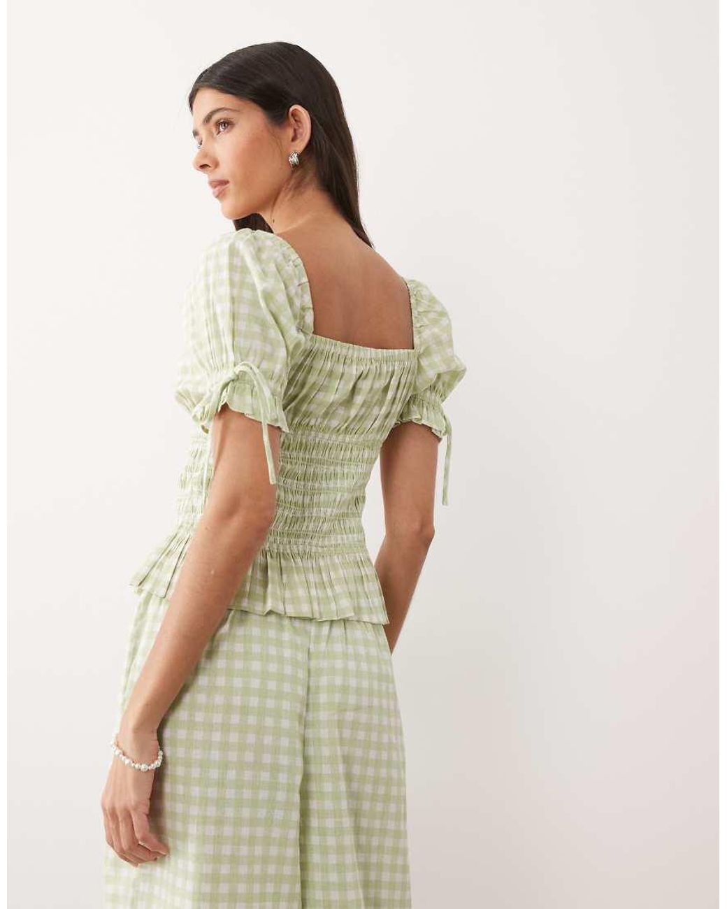 Wednesday's Girl Green Co-Ord Balloon Sleeved Shirred Bardot Top
