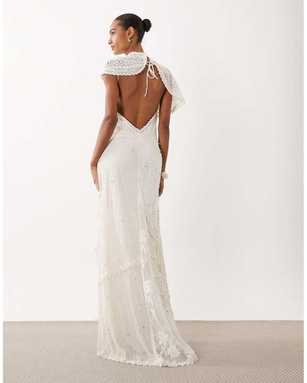 ASOS Panelled Crochet Maxi Dress With Scattered Pearl & Diamante Embellishment in Natural