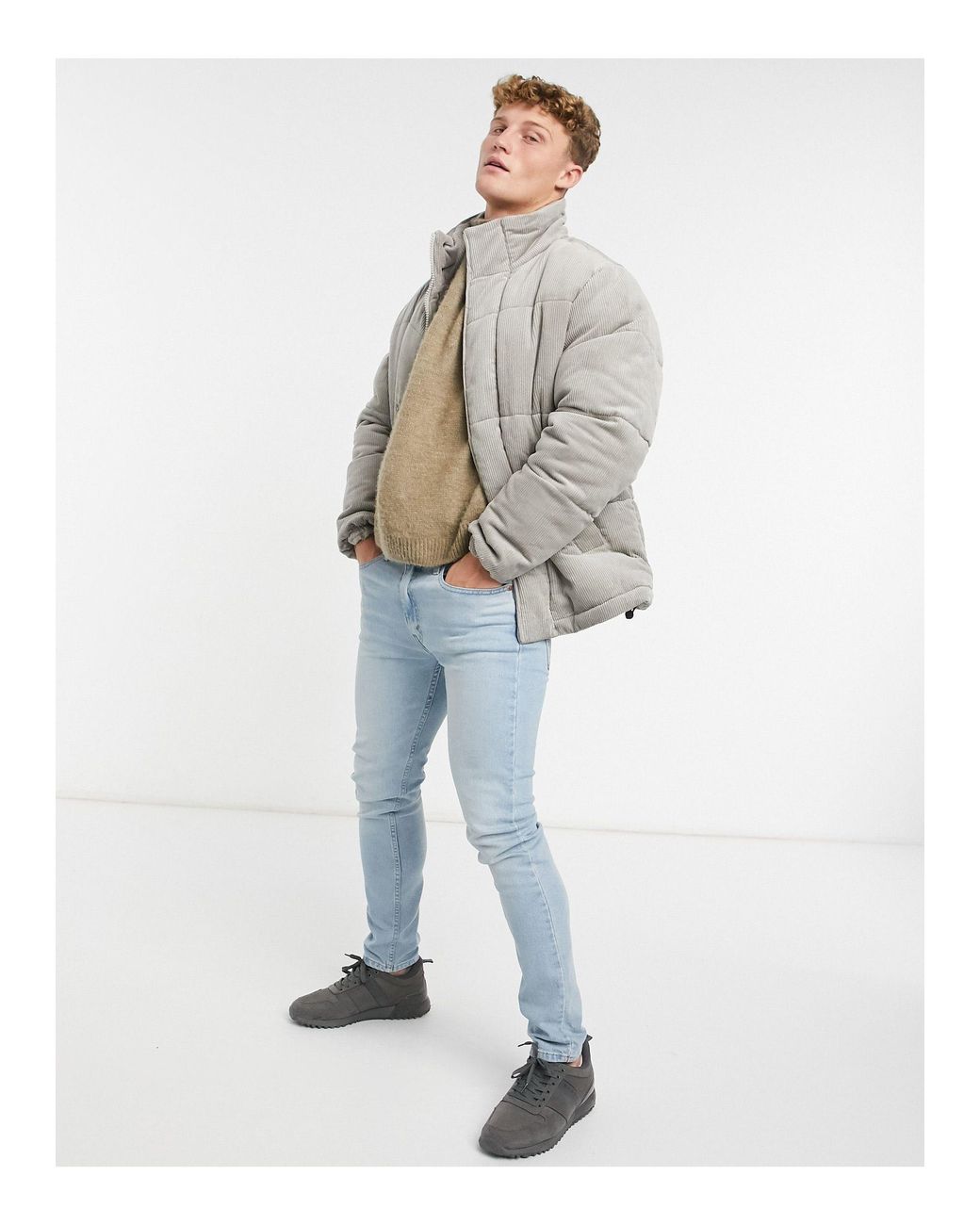 TOPMAN Corduroy Puffer in Gray for Men | Lyst