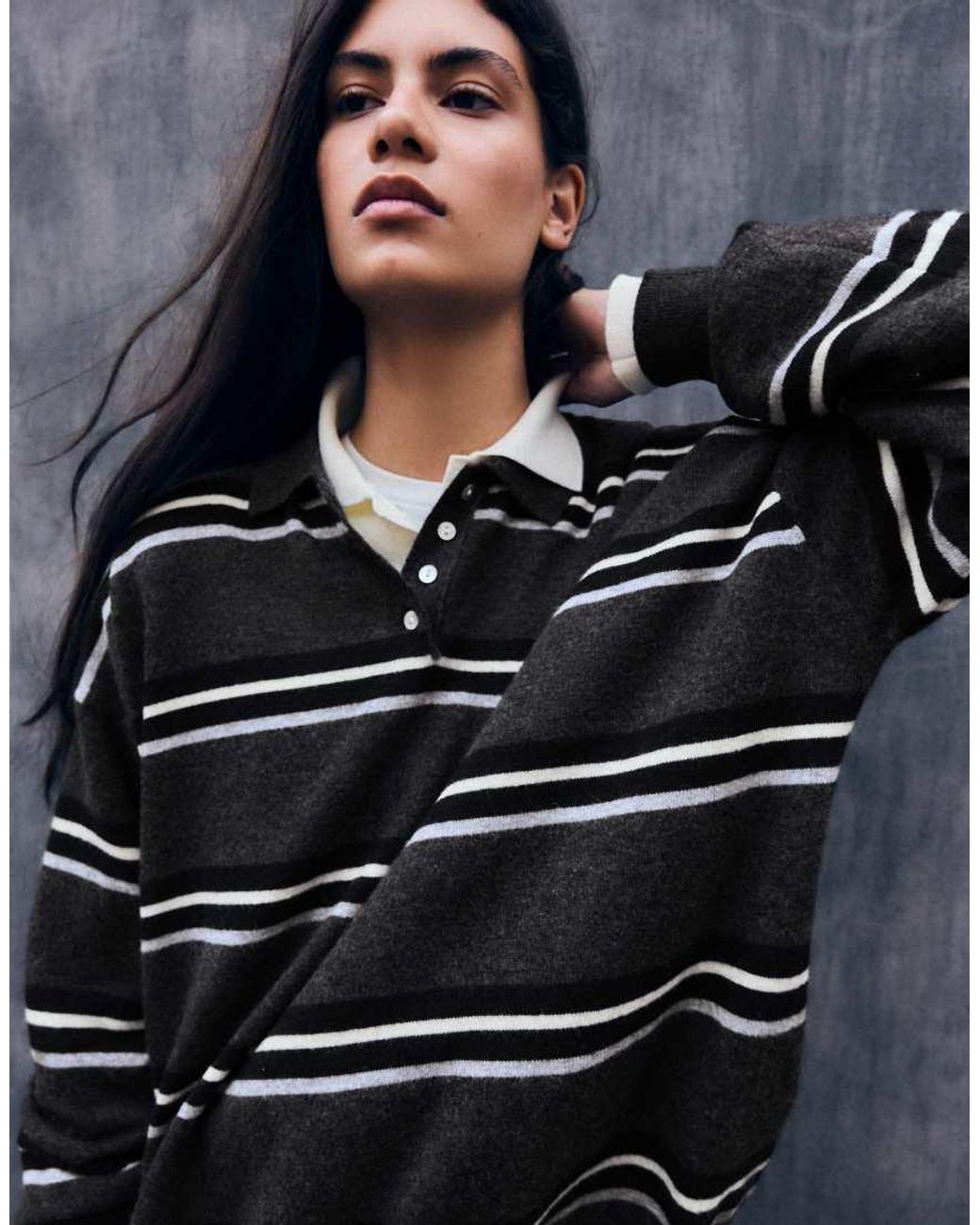 Bershka Gray Striped Polo Neck Sweater