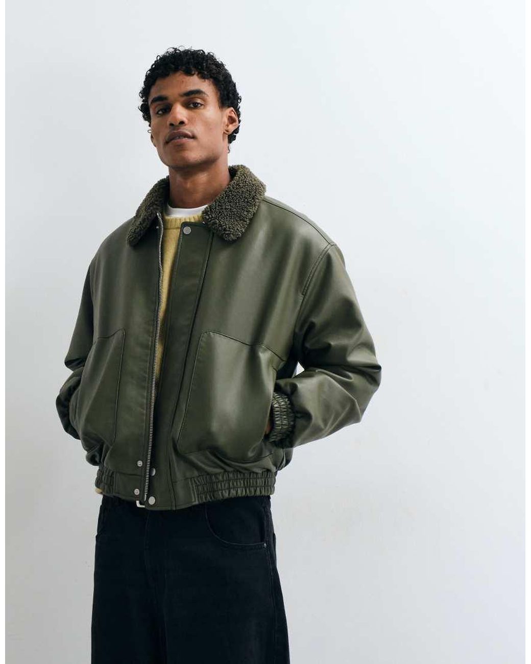ASOS Green Faux Leather Flight Jacket for men