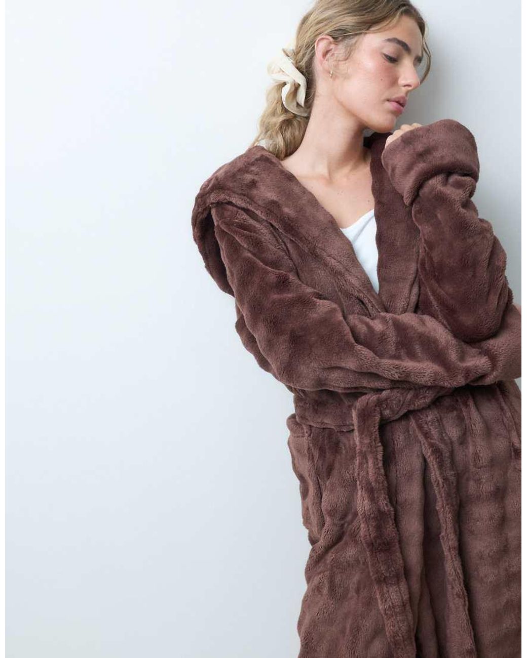 Loungeable Brown Bubble Cut Hooded Fleece Midi Length Robe