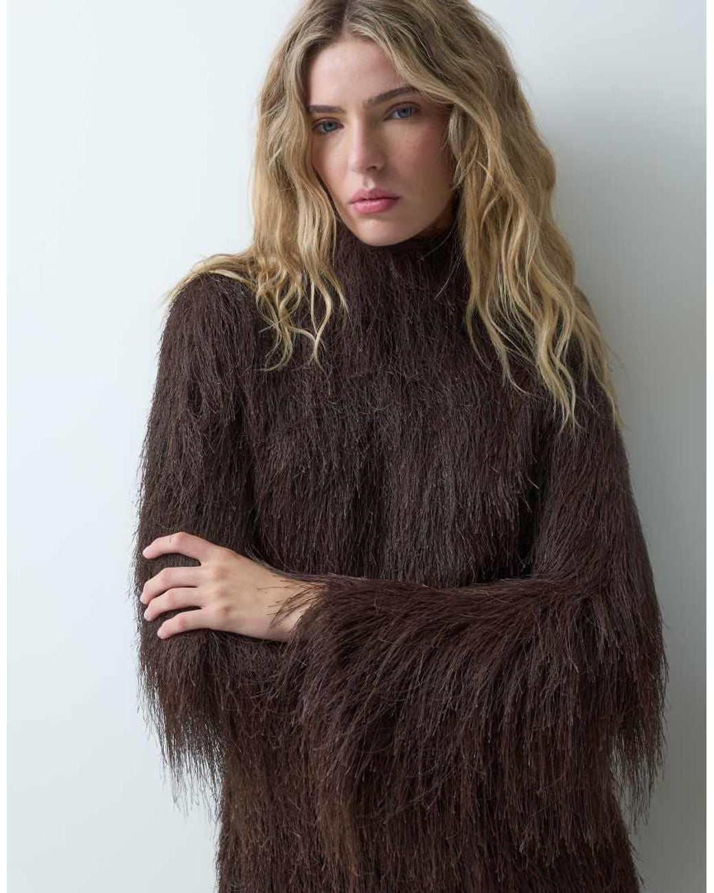 ASOS Brown Fluffy Long Sleeve Funnel Mini Dress