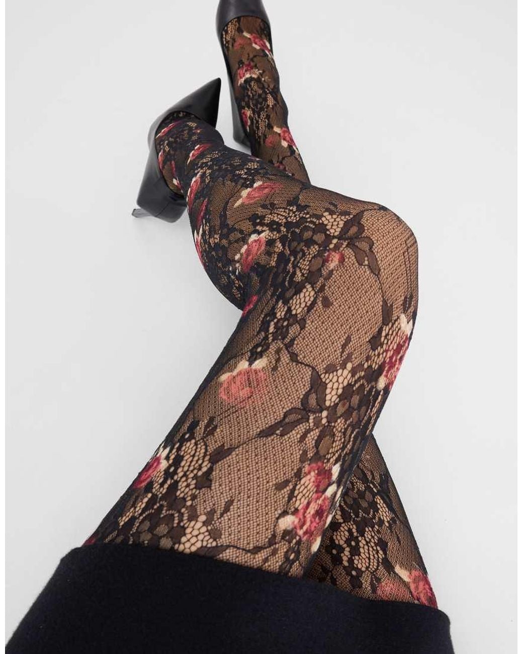 Calzedonia Black Lace And Rose Tights