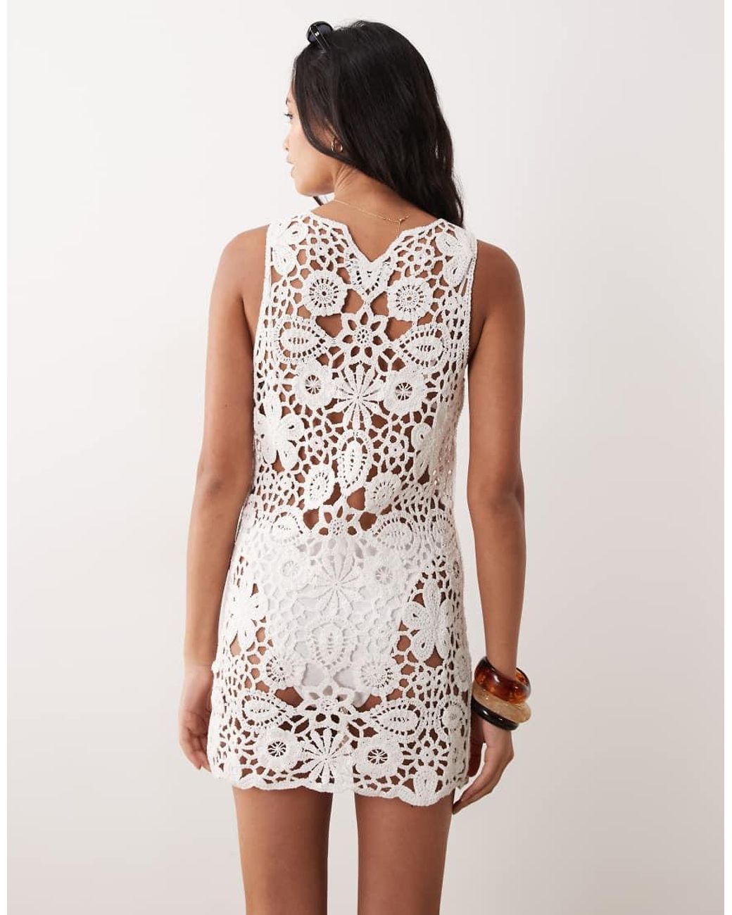 SNDY'S White Cotton Rich Flower Crochet Beach Mini Dress