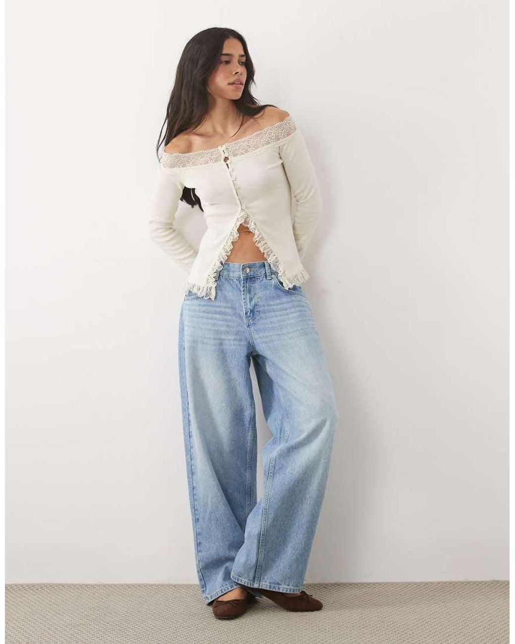Miss Selfridge White Button Through Bardot Top With Lace Trim