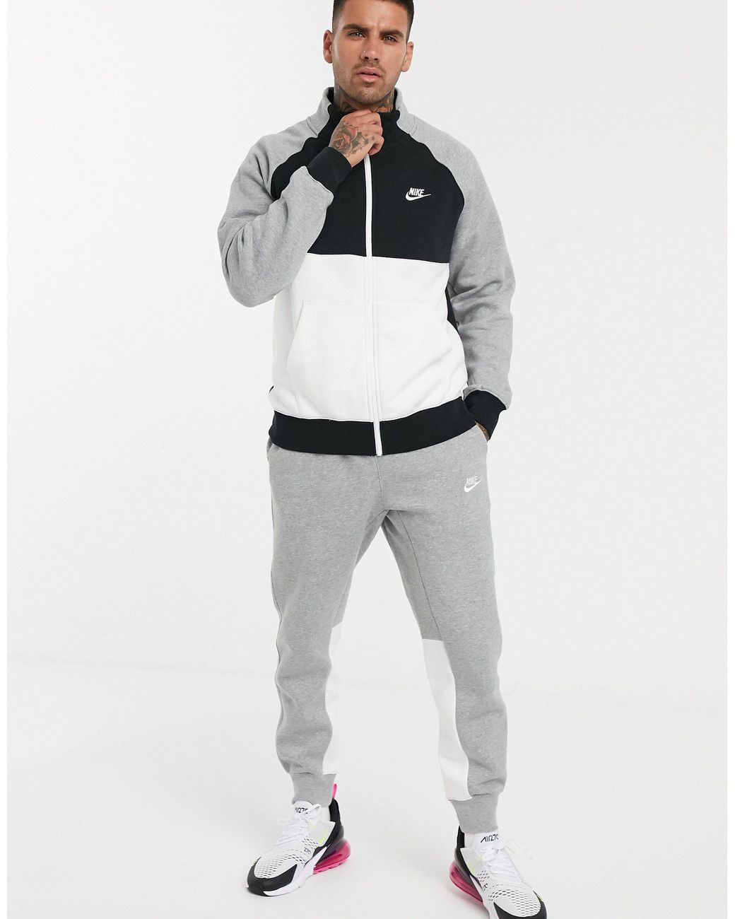 Nike fleece tracksuit in black and grey colourblock