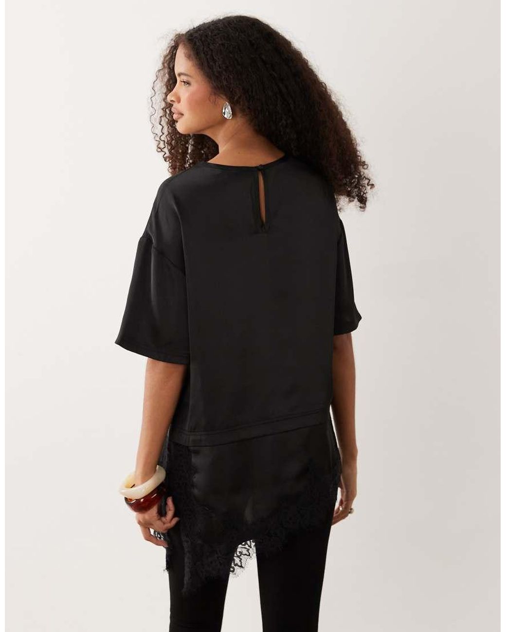 Wednesday's Girl Black Satin T-Shirt With Asymmetric Lace Hem