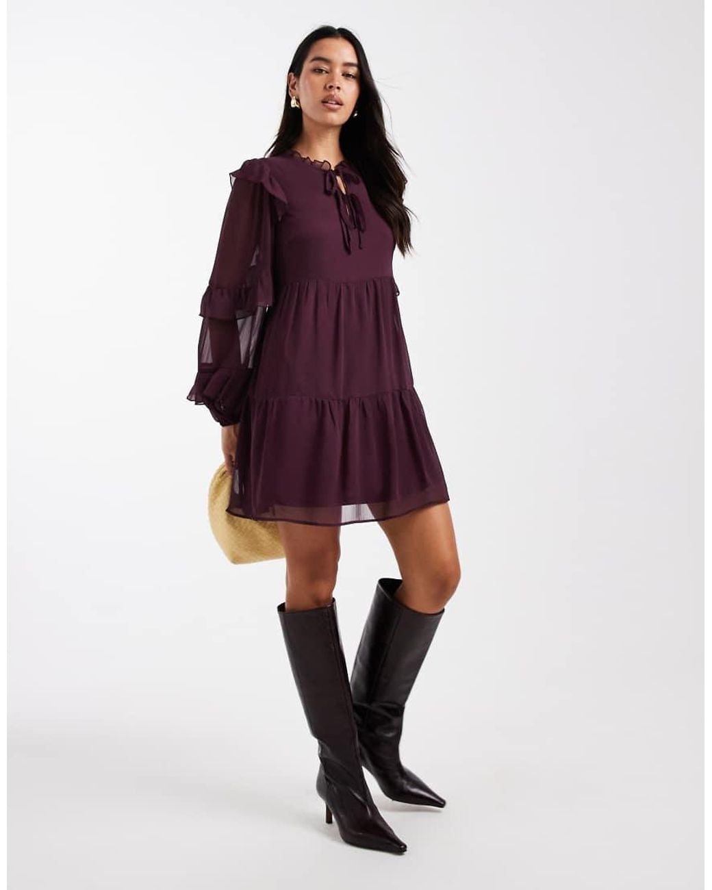 New Look Purple Ruffle Chiffon Long Sleeve Mini Dress