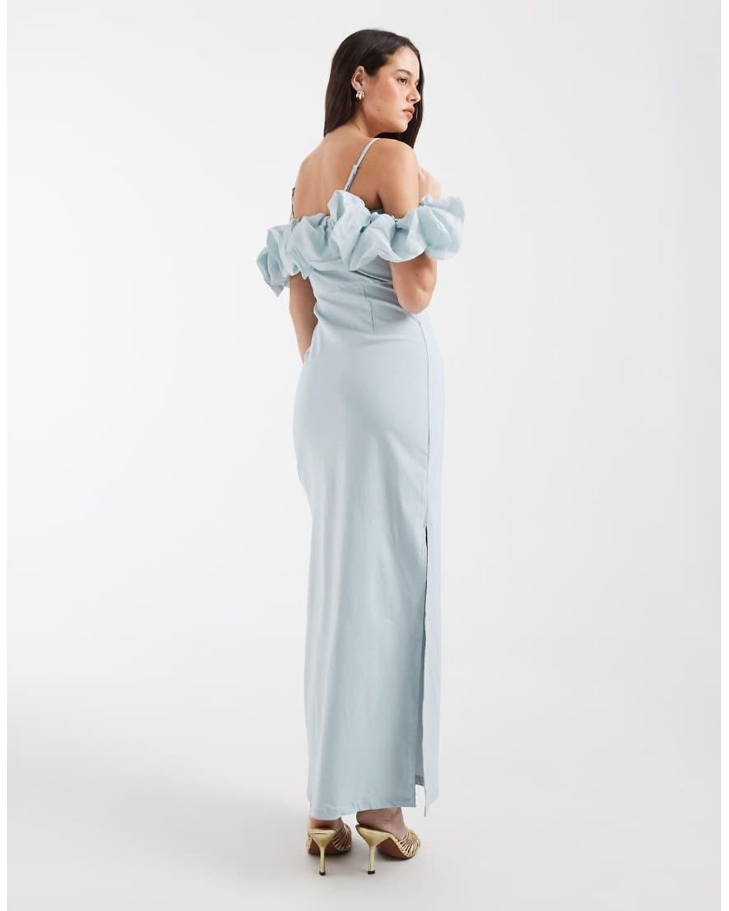 Object Blue Extreme Off The Shoulder Satin Ruffle Trim Maxi Dress