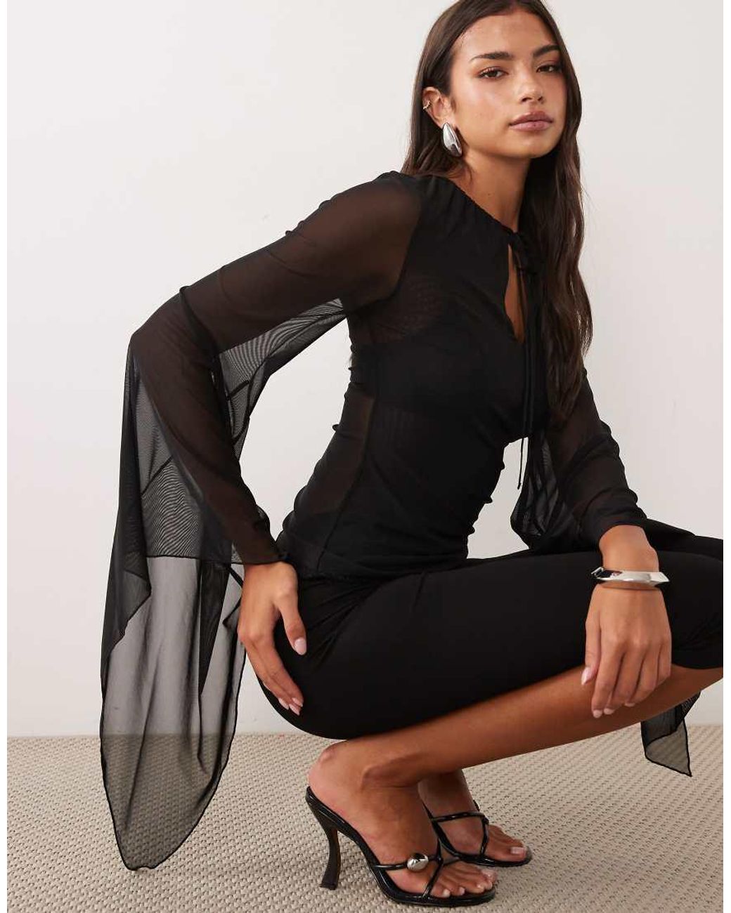 ASOS Black Mesh Asymmetric Hem Draped Sleeve Key Hole Mesh Top