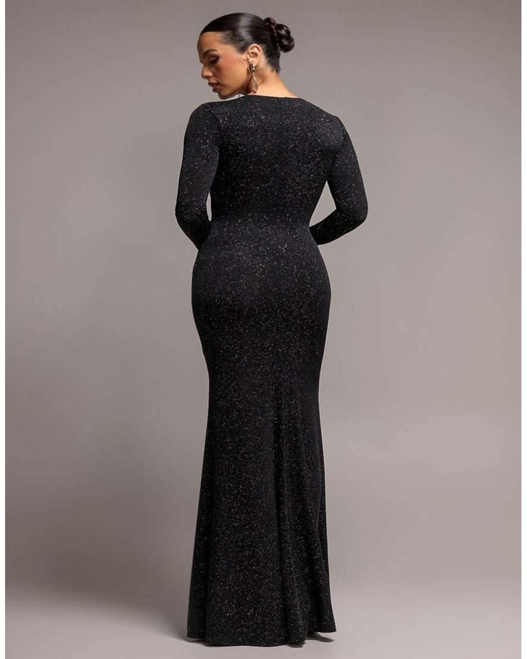 Goddiva Gray Plunge Neck Long Sleeve Front Draped Sparkling Maxi Dress