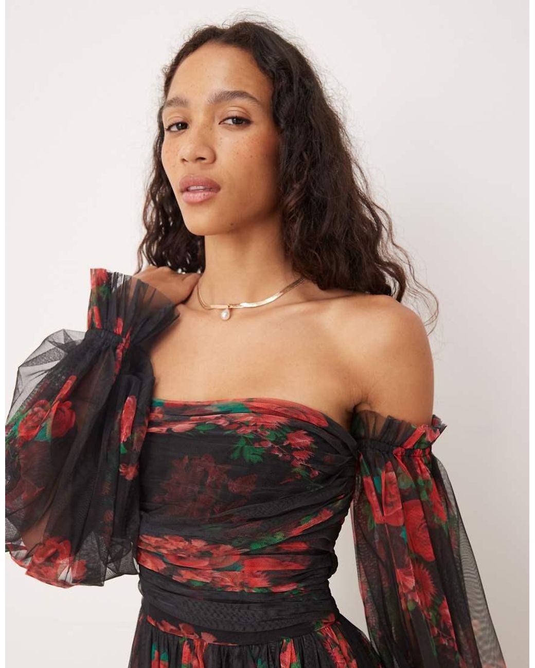 LACE & BEADS Multicolor Off The Shoulder Balloon Sleeve Tulle Maxi Dress