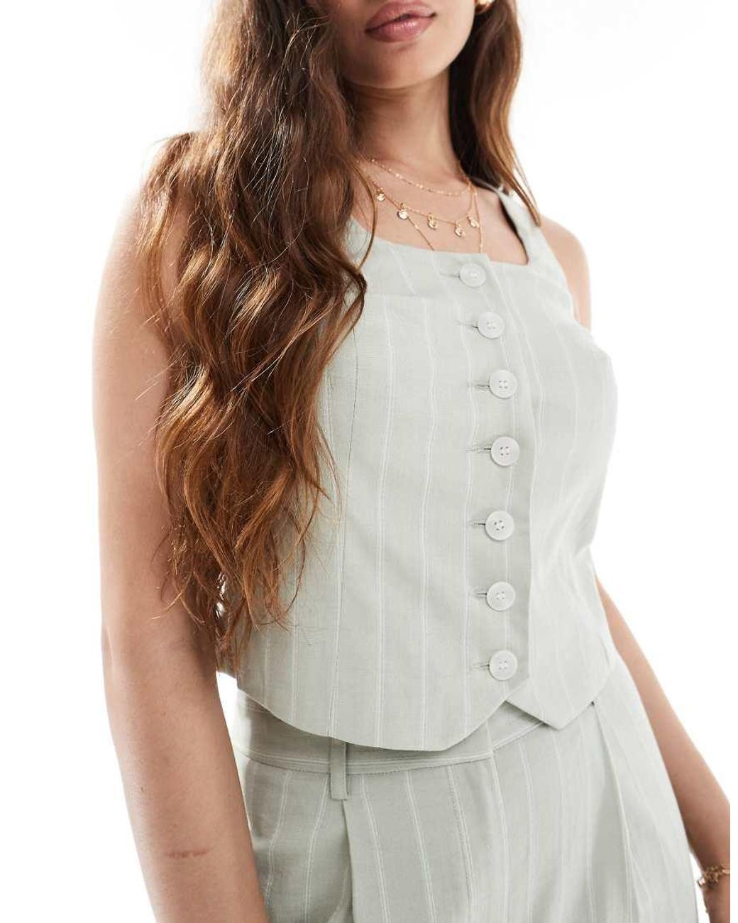 New Look White Co-ord Linen Stripe Scoop Neck Waistcoat