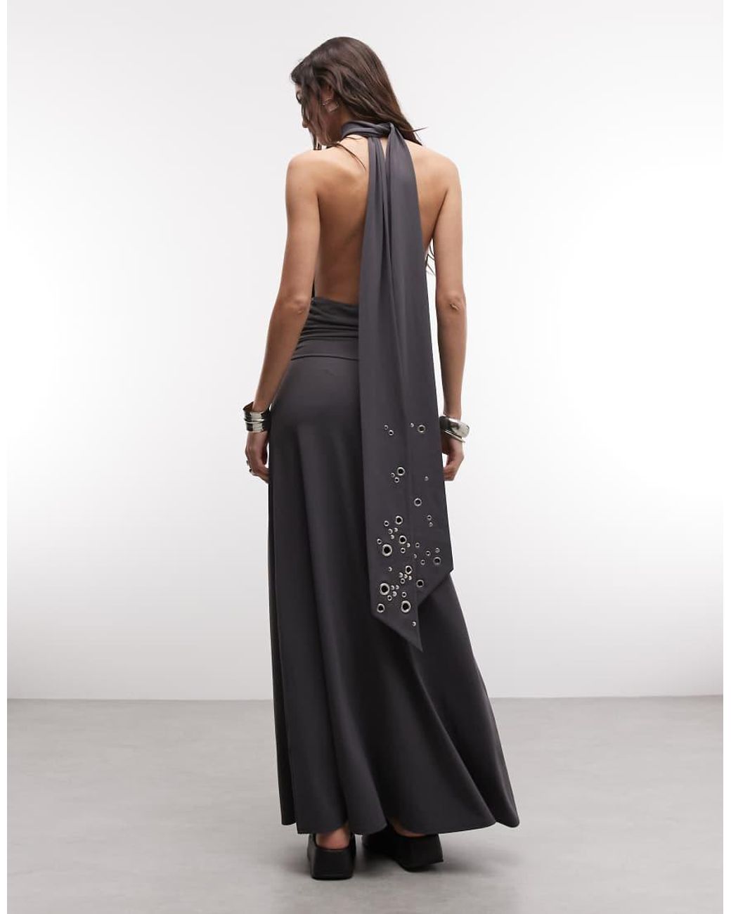 Weekday Gray Halter Neck Scarf Detail Maxi Dress With Drop Waist