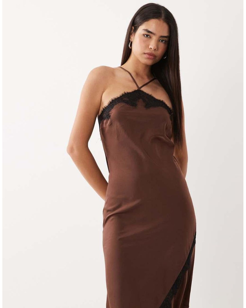 New Look Brown Asymmetric Halterneck Satin Lace Midi Dress