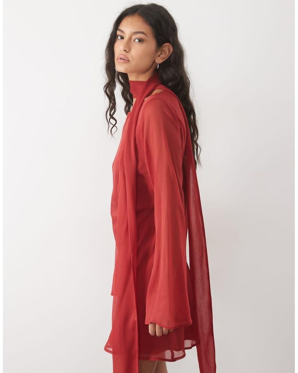 ASOS Red Chiffon Bias Cut Mini Dress With Matching Scarf
