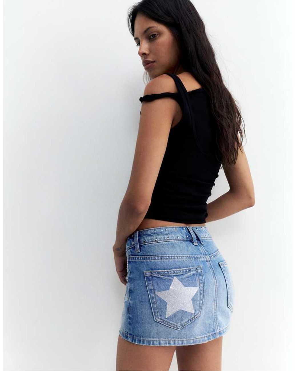 Pull&Bear Blue Star Stud Denim Mini Skirt