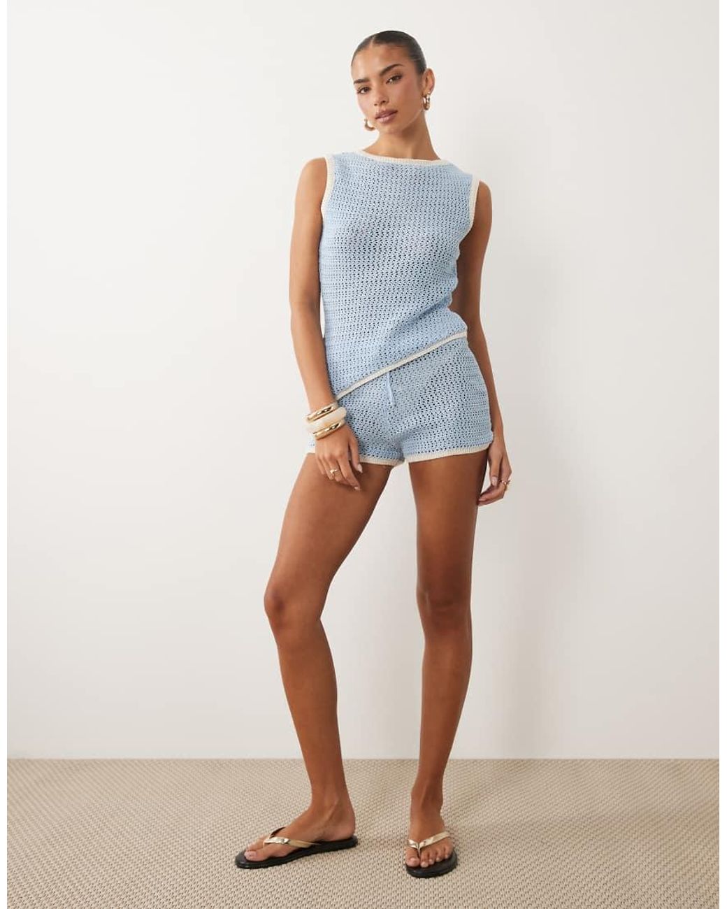 ASOS Blue Knitted Cinched Crochet Asymmetric Top Co Ord