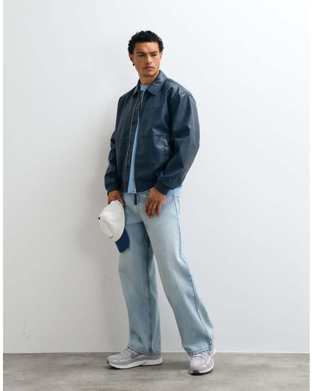 ASOS Blue Faux Leather Oversized Bomber Jacket for men