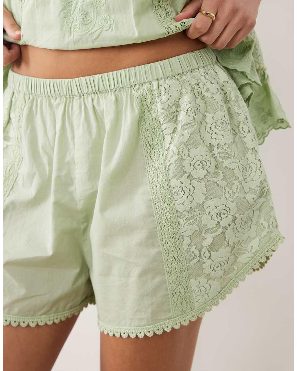 Miss Selfridge Green Embroidered Shorts