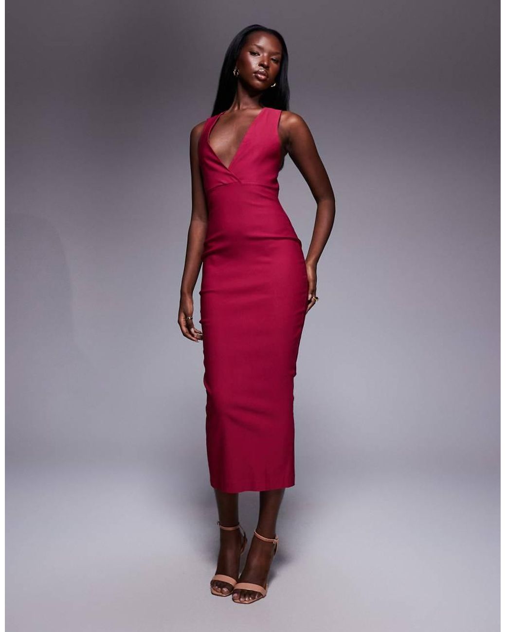 Vesper Red Plunge Neck Bodycon Midaxi Dress With Cross Straps
