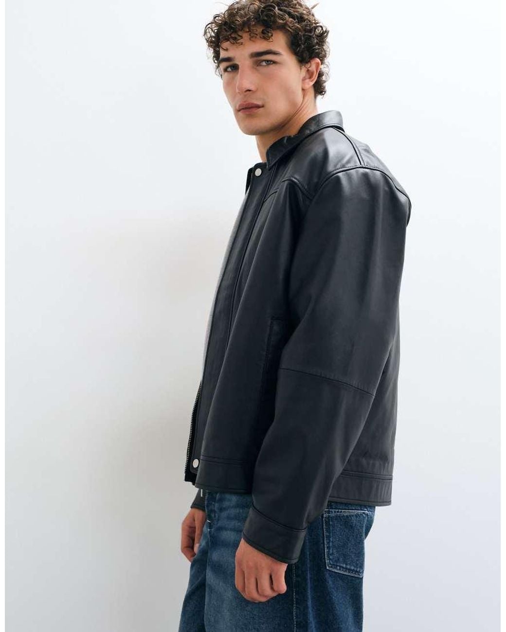 ASOS Black Oversized Real Leather Harrington for men