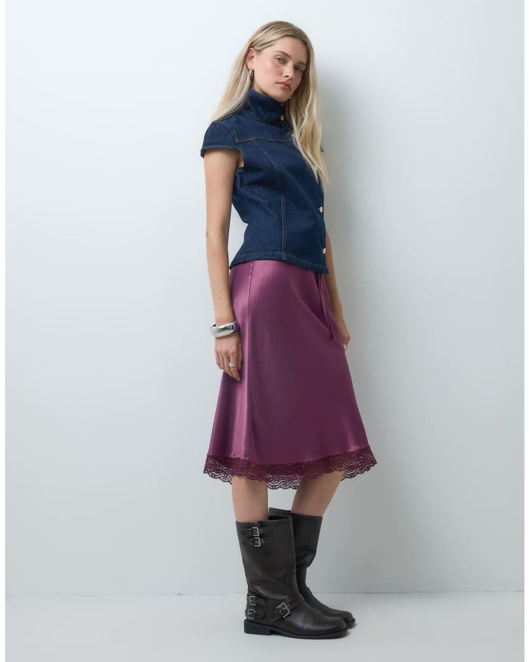 Reclaimed Vintage Multicolor Awkward Length Satin Midi Skirt With Lace Trim