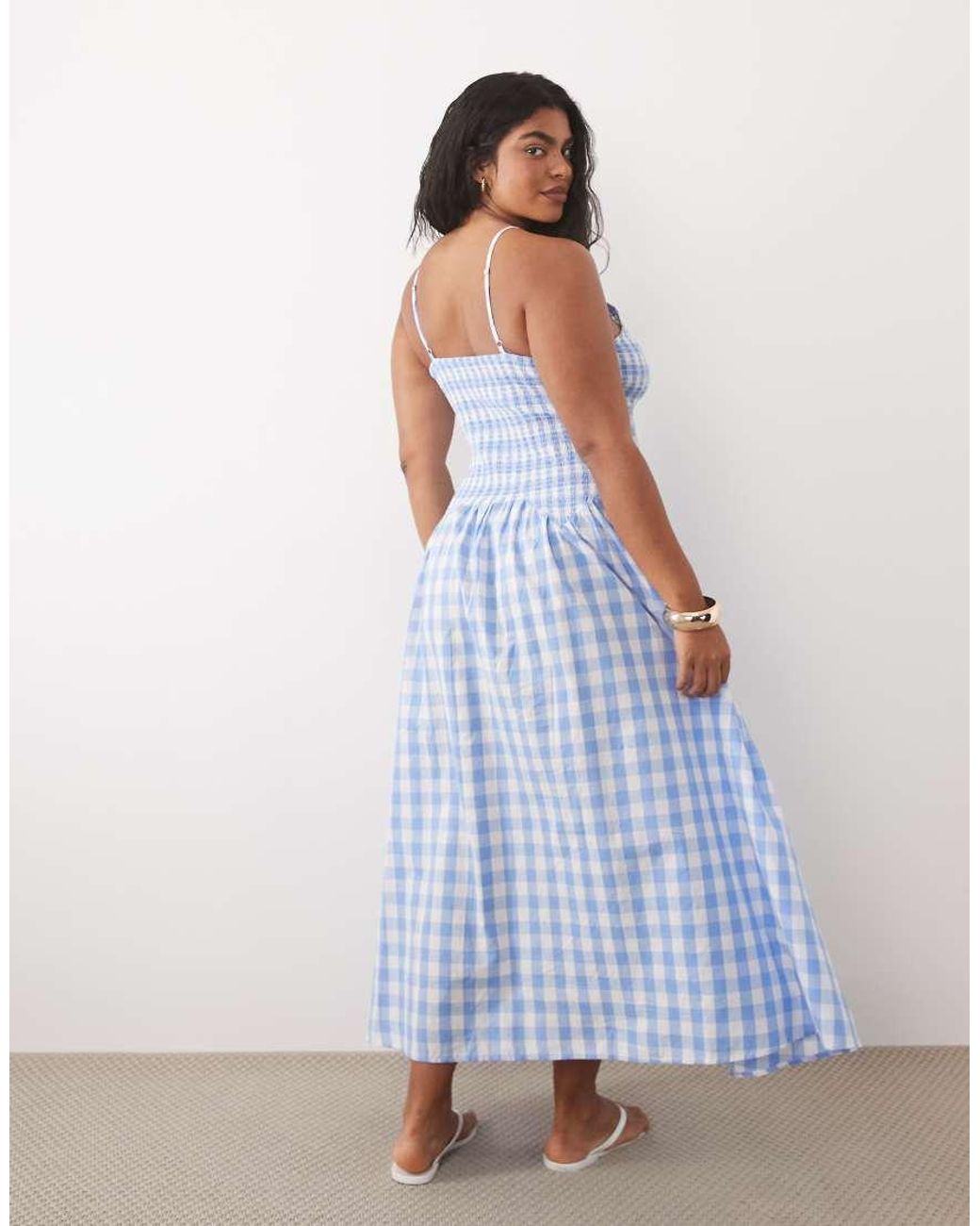 Esmee Curve Blue Shirred Drop Waist Maxi Beach Dress