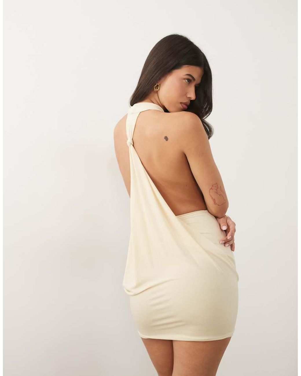 TFNC London Natural Slinky Cowl Neck Knot Detail Mini Dress