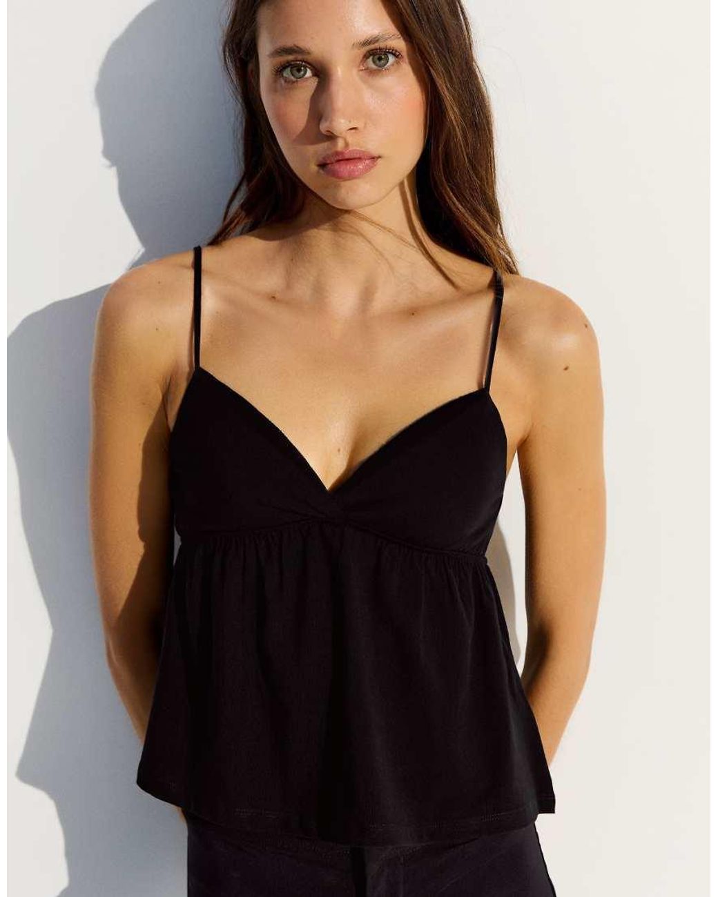 Bershka Black Ruffle Strap Top