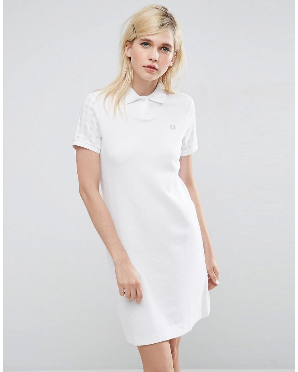 Fred Perry Polo Dress With Gingham Sleeve in White | Lyst