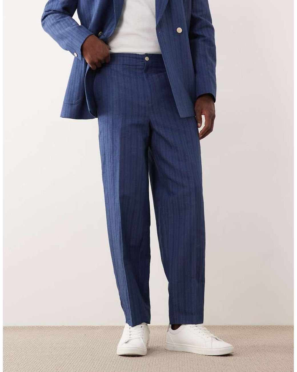 ASOS Blue Linen Blend Oversized Tapered Suit Pants for men