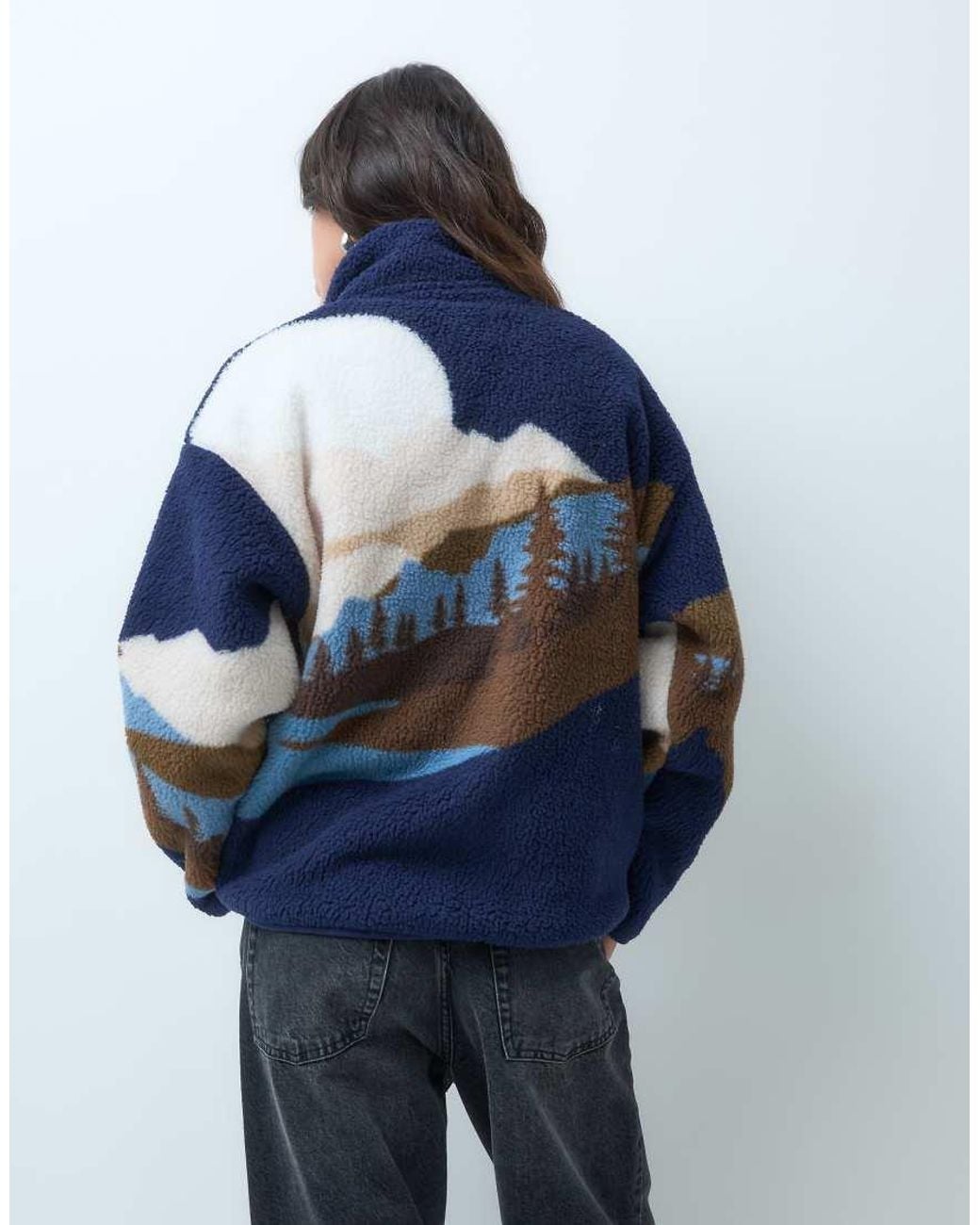Brave Soul Blue Zip Through Fleece With Landscape Graphic Print