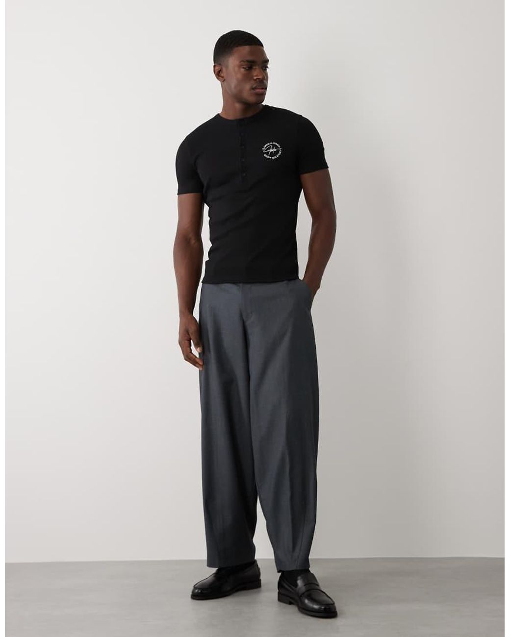 ASOS Black Muscle Henley T-shirt With Chest Graphic for men