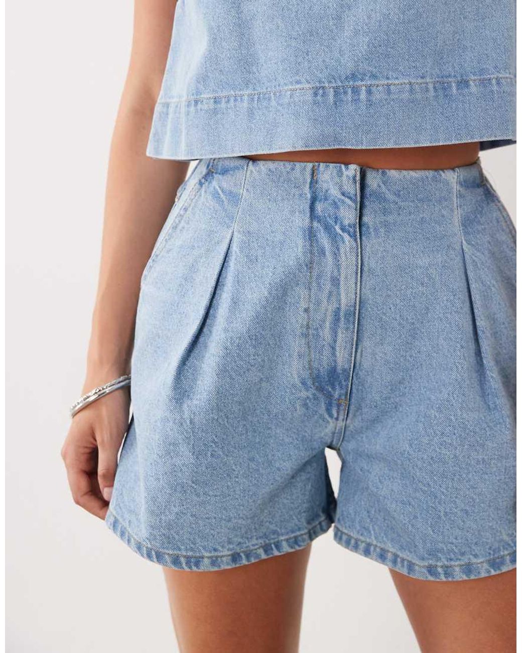 ASOS Blue Denim Pleat Front Short With Cinch Back Detail
