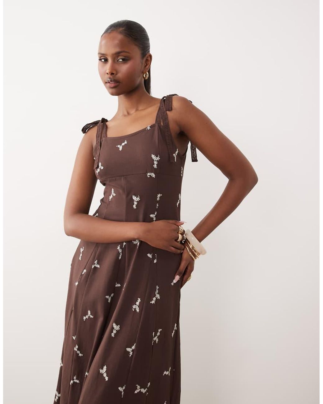 ASOS Brown Tie Up Strap Embroidered Midi Dress