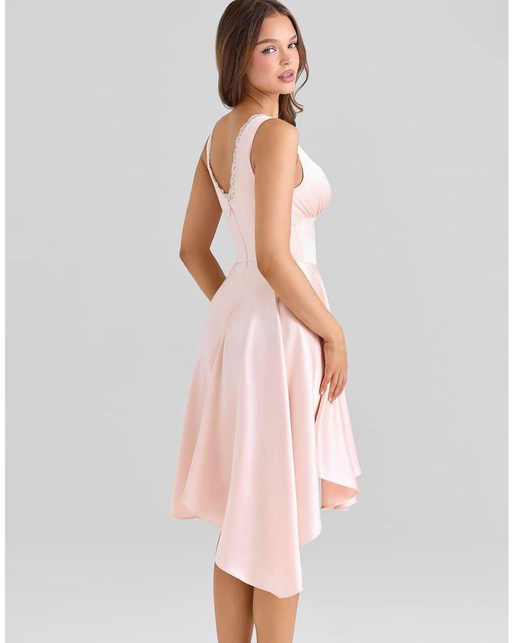 House Of Cb Pink Sabella Satin Asymmetric Handkerchief Hem Midi Dress