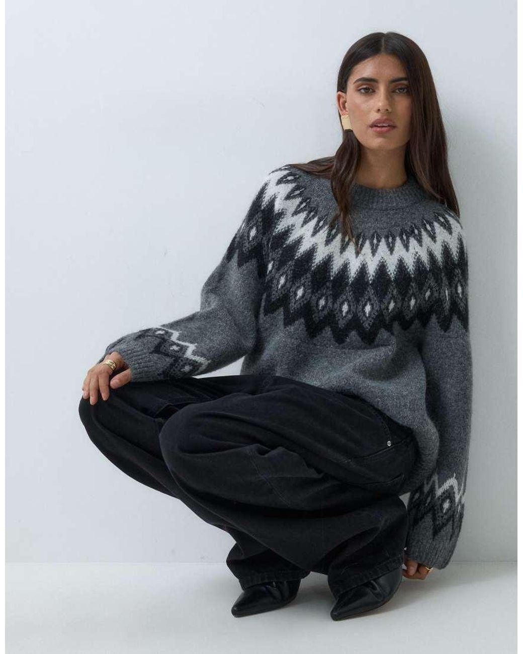 Gina Tricot Black Crew Neck Knitted Jumper With Jacquard